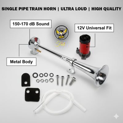 Fidi Single Pipe Train Horn – 12V Extra-Loud Metal Horn for Cars, Bikes, SUVs & Trucks | 150–170 dB Power Sound